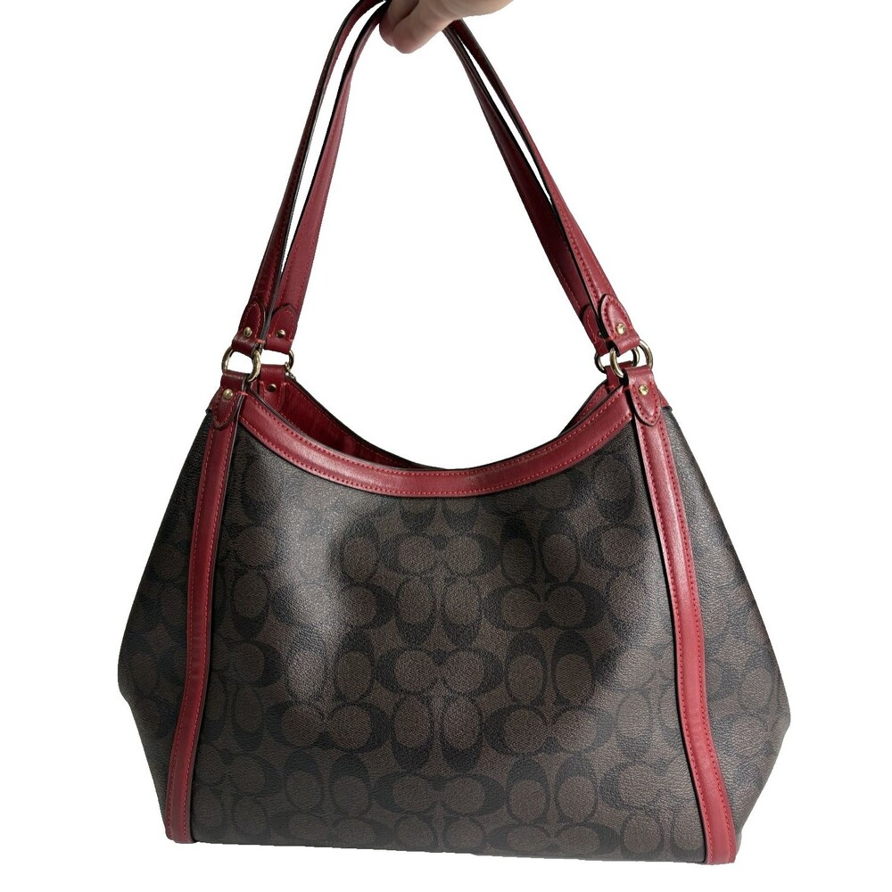 COACH Kristy Women's Purse Shoulder Bag Signature Coated Canvas Brown / Red - Picture 2 of 10